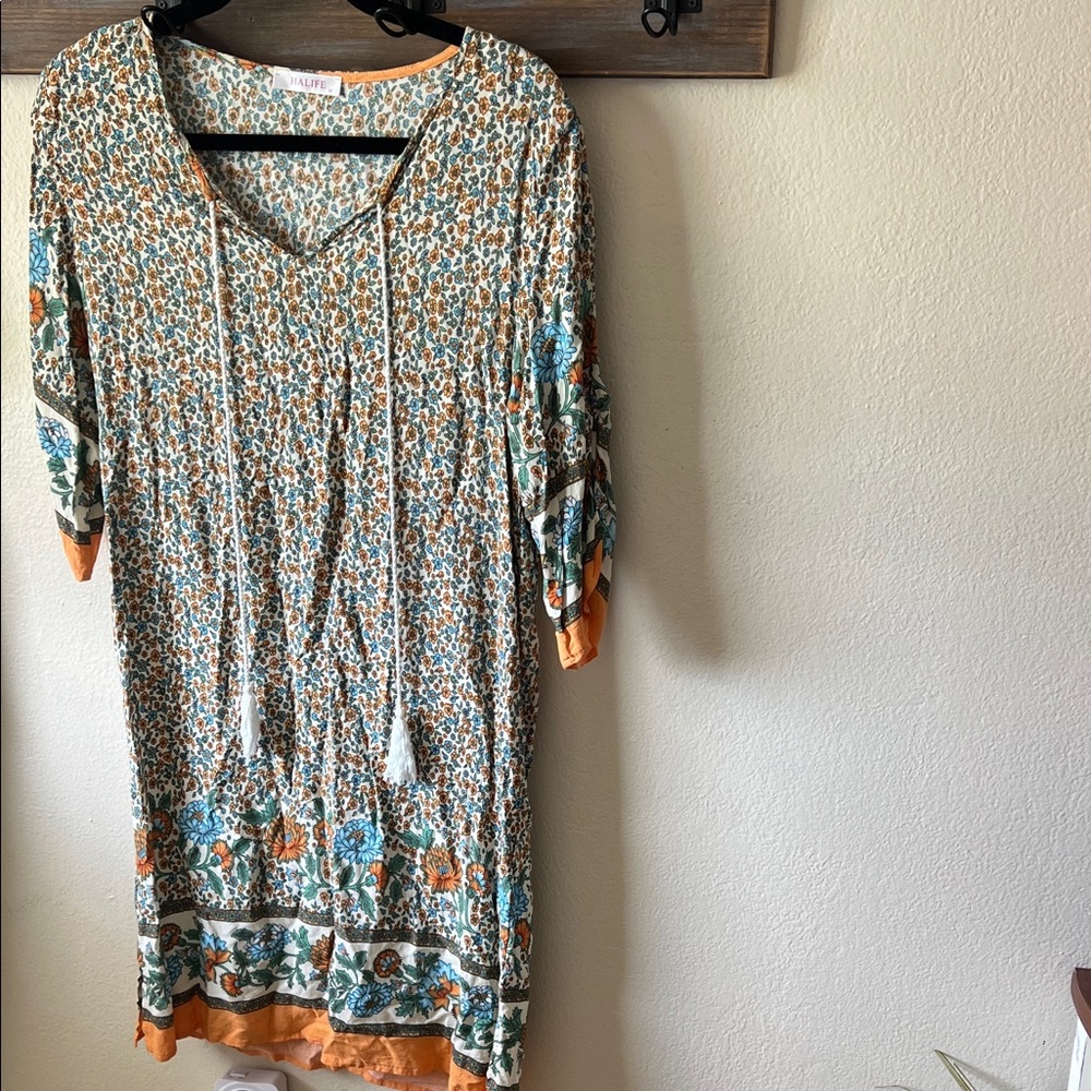 Floral Print Peasant Tunic Dress/swim cover in Teal & Mustard